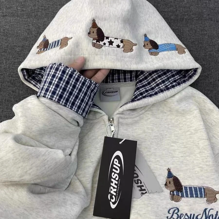 美式复古小狗刺绣开衫外套男女秋冬设计感假两件连帽卫衣休闲百搭