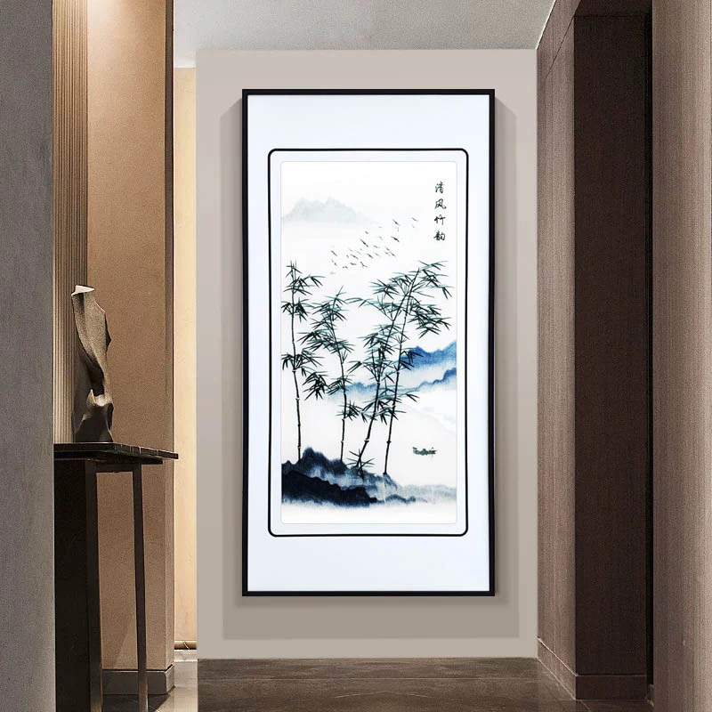 清风竹韵苏绣精品客厅挂画入户玄关装饰画新中式山水刺绣壁画国风