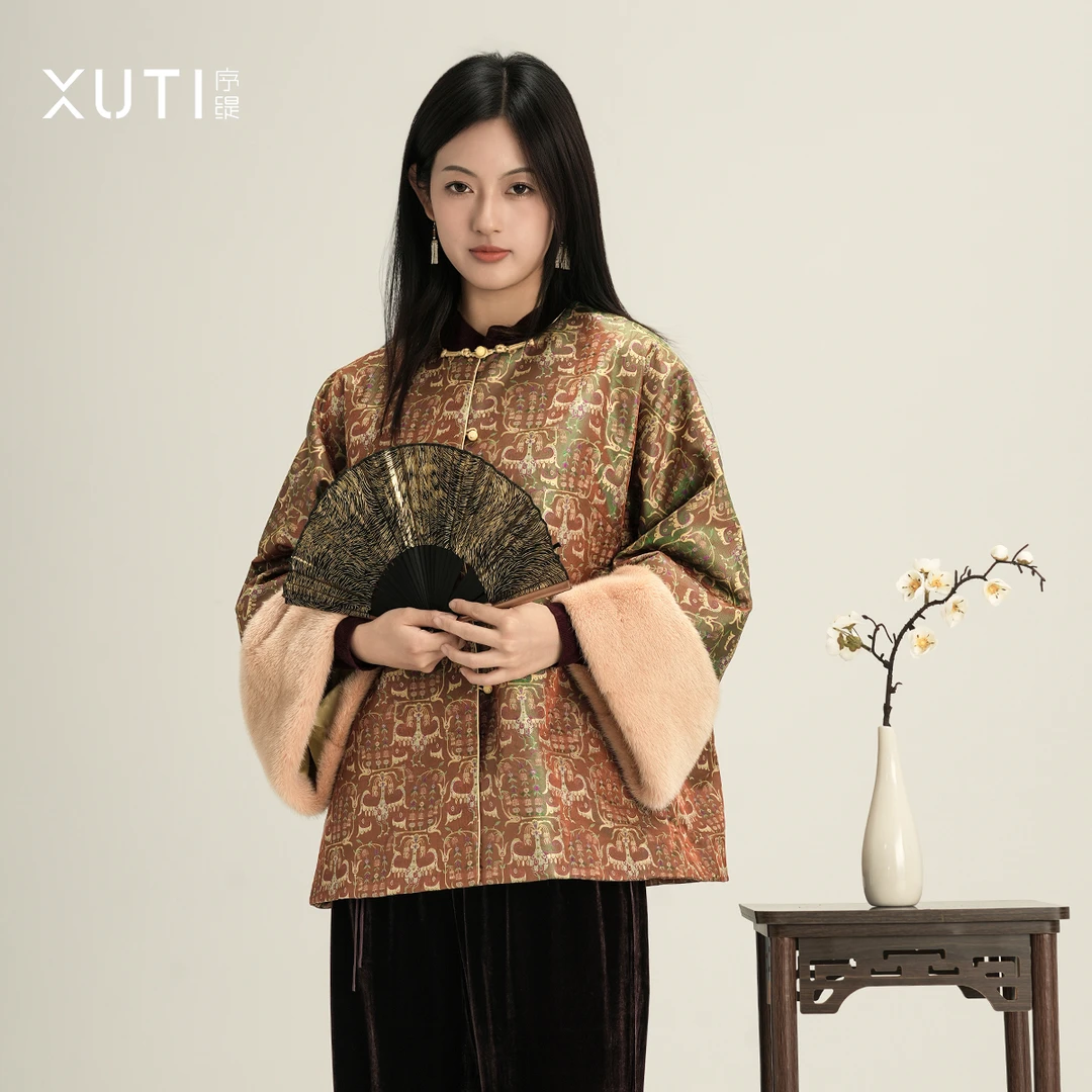 序缇100%桑蚕丝 新中式水貂毛加厚外套女冬季上衣H116-26209