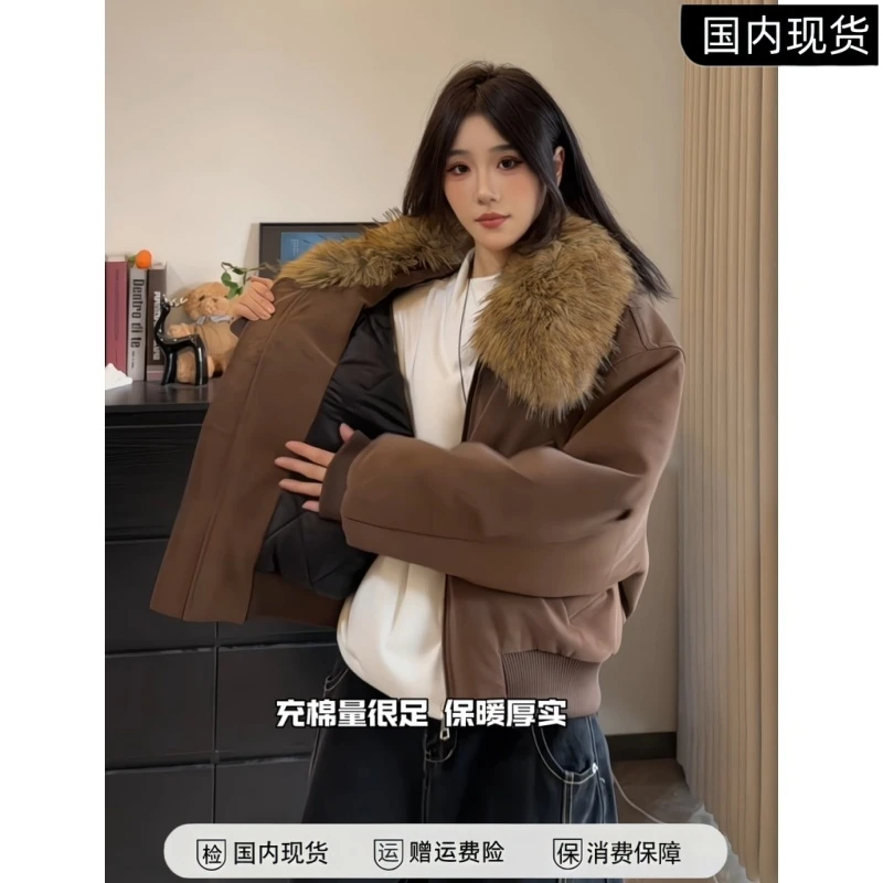 美式复古座山雕加绒加厚百搭保暖外套冬季新款大毛领短款棉服