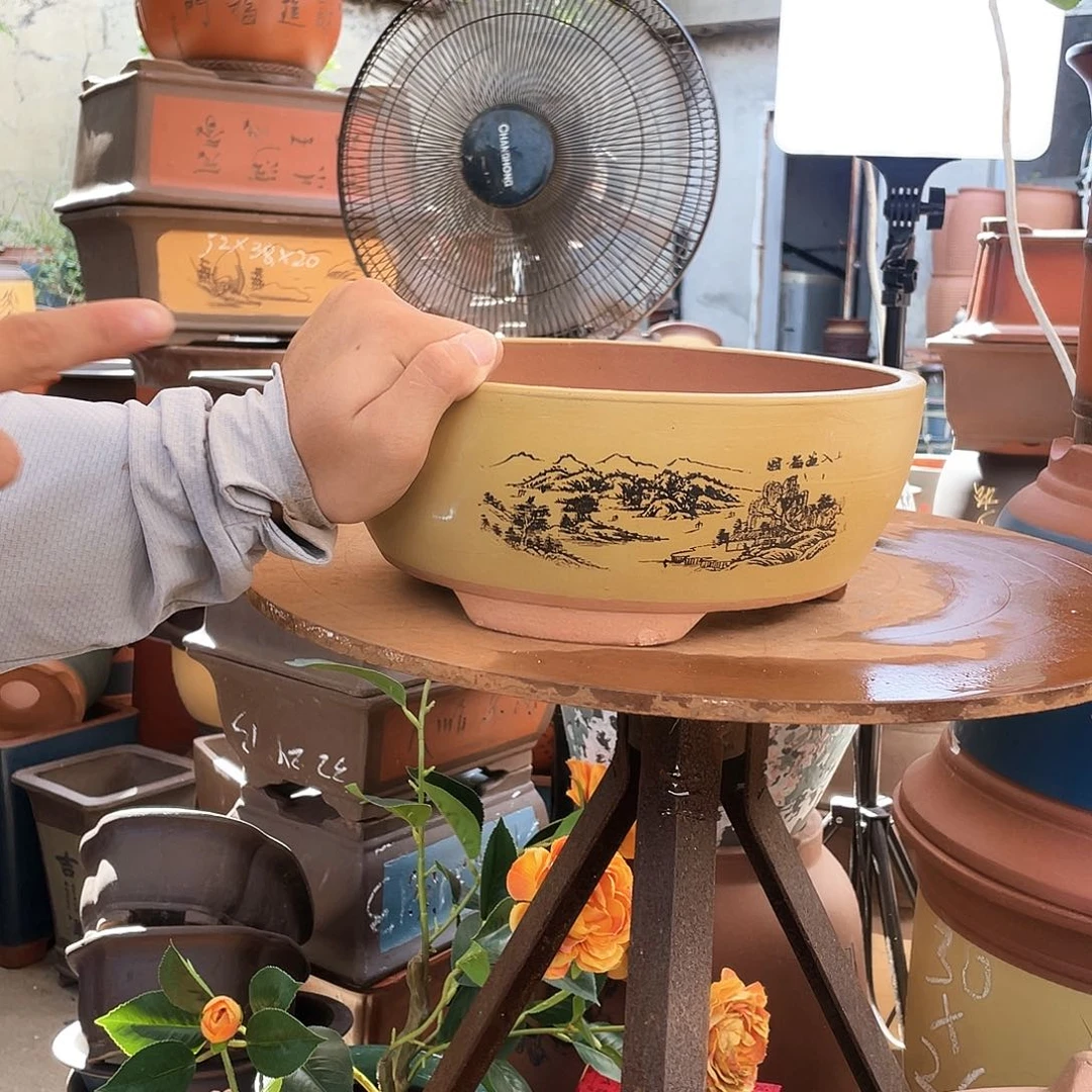 黄色江山如画小号花盆紫砂花盆