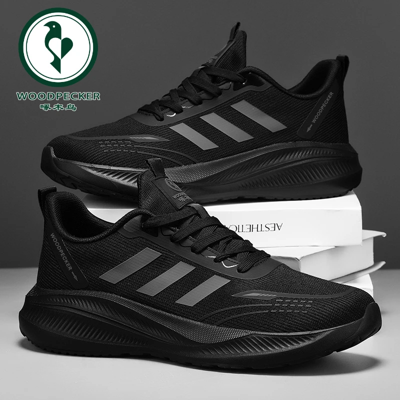 【正品】啄木鸟秋季跑步鞋黑色网面鞋透气防滑耐磨软底潮流爆