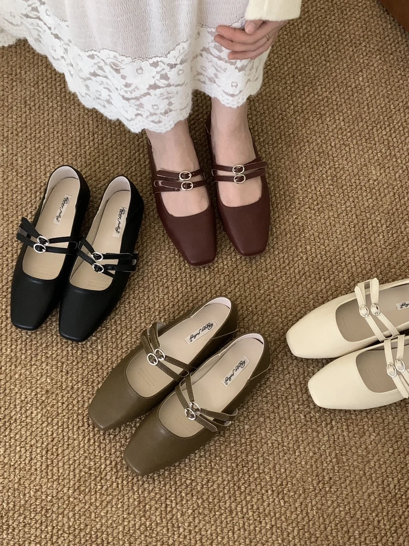 J778-30 春季新款双排扣平底软底晚晚风百搭春夏女鞋子复古温柔