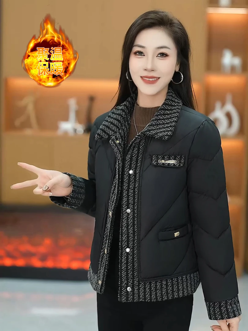 时尚洋气棉服女冬季洋气质减龄加厚保暖百搭毛呢拼接短款棉衣外套