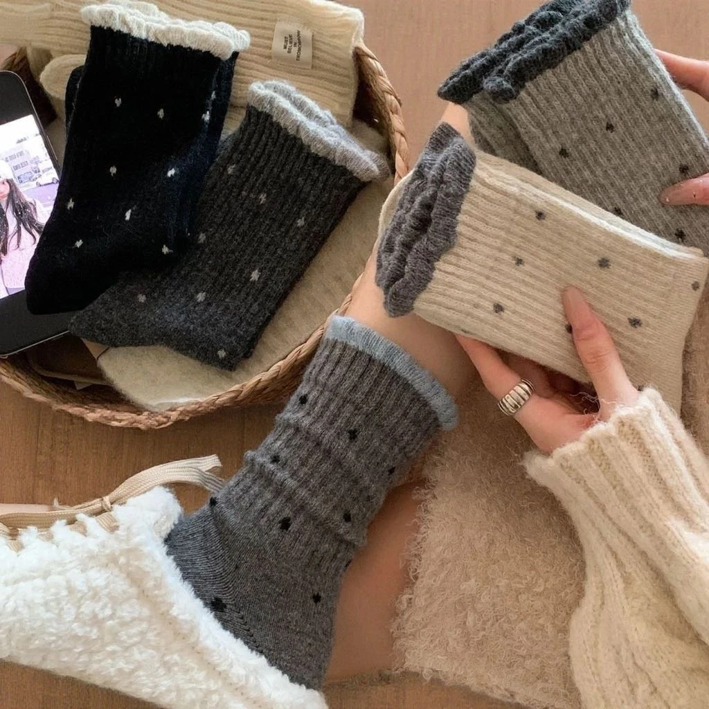 【到手5双】袜子女厚款中筒袜波点轻职风甜美风提花秋冬季百搭袜子