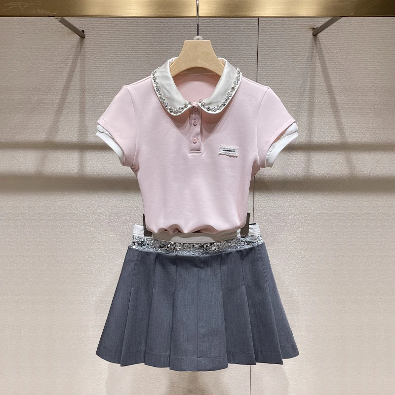 可盐可甜炸街套装2025夏季新款假两件水钻领短袖T恤上衣百褶半裙