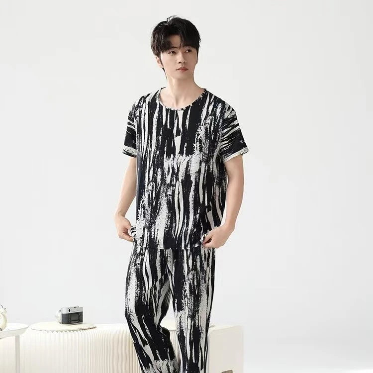 男款夏季短袖薄款长裤睡衣家居服套装潮流宽松印花上衣大码条纹