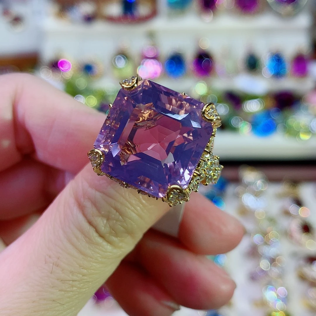 紫晶戒指银S925镀金镶嵌戒指