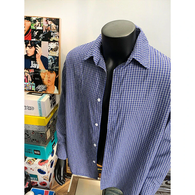 LIGGICC春季美式复古经典格纹衬衣慵懒长袖衬衫男宽松格子外套潮