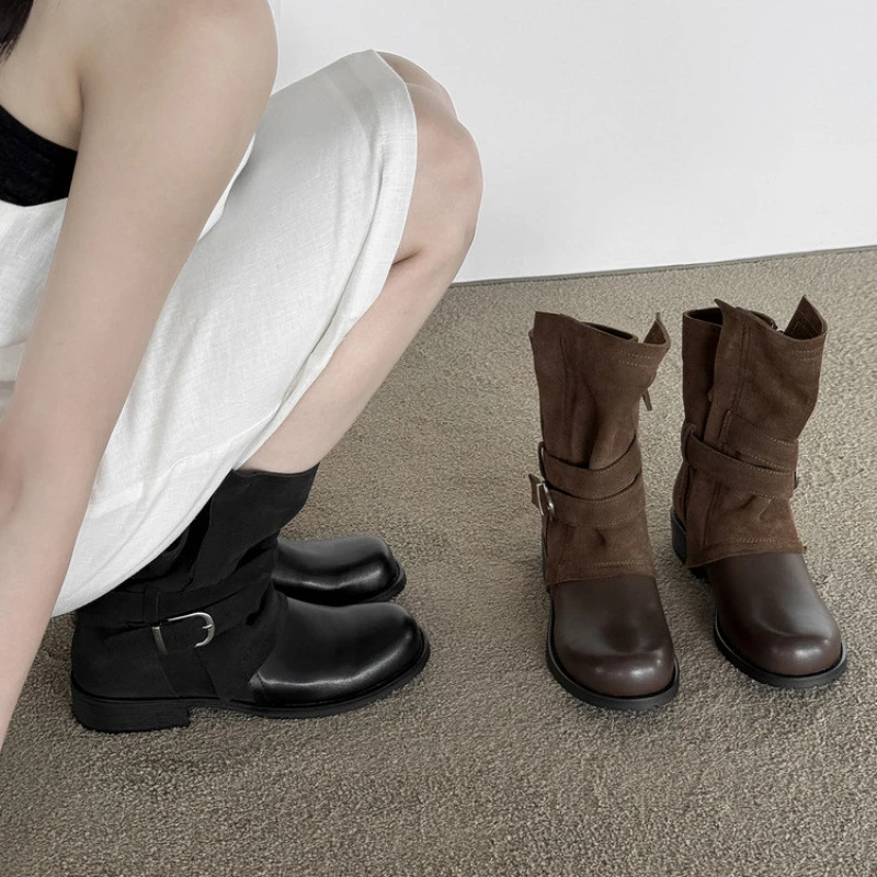 小个子粗跟复古擦色圆双侧拉链韩系短靴女秋冬新款2025马丁靴