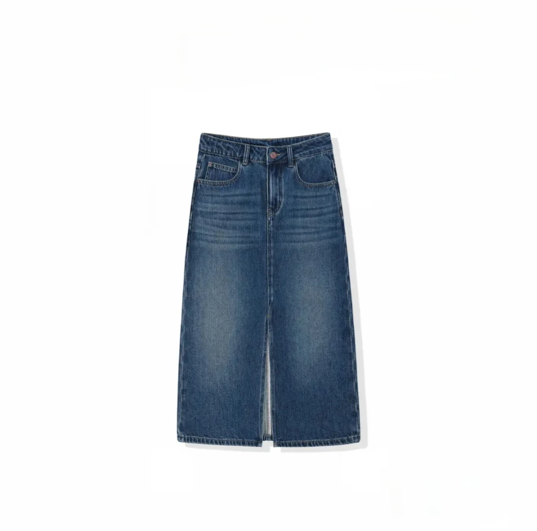 MO?CO天丝牛仔裙女士夏季梨形身材显瘦-遮胯高腰中长牛仔裙0203V