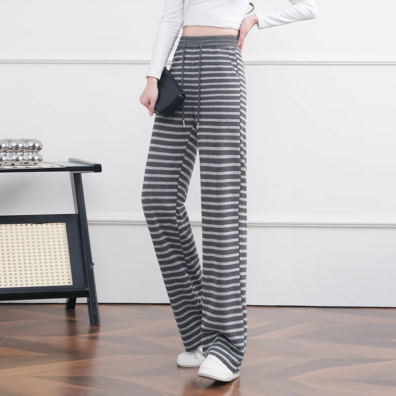 春夏新款条纹窄版阔腿裤女休闲高腰宽松百搭慵懒风针织直筒裤流行