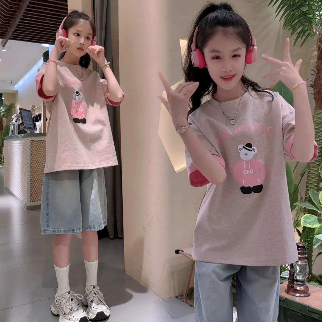 2025女大童休闲夏季新款洋气韩系双面色短袖牛仔中裤套装潮