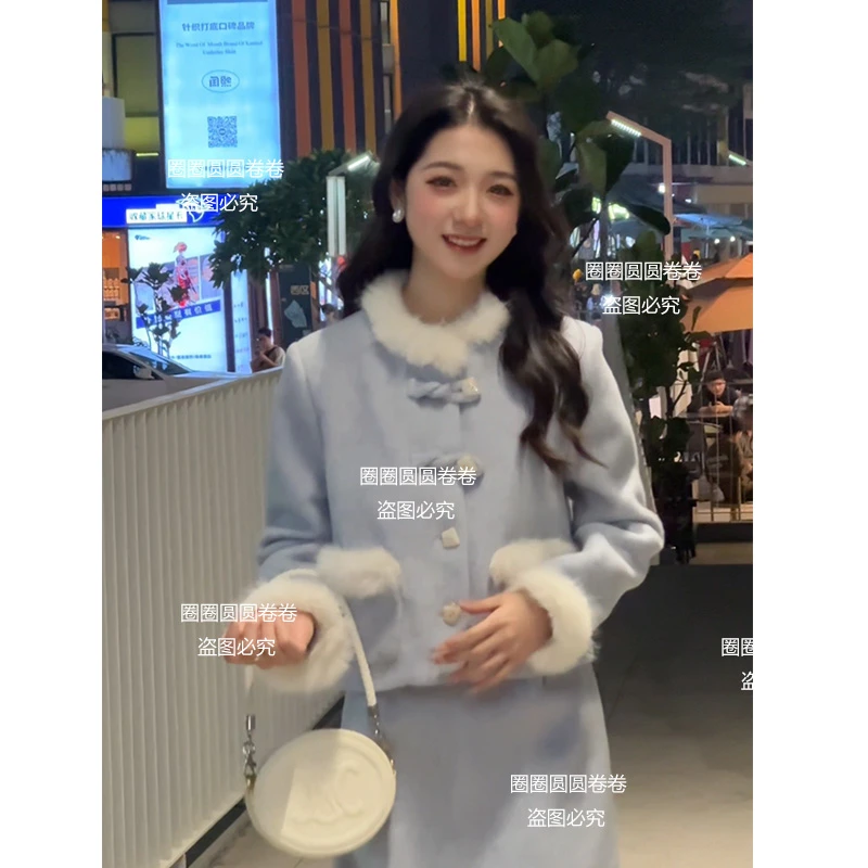 【雪国精灵】高级感毛呢新中式气质外套+毛呢时尚半身裙套装两件套