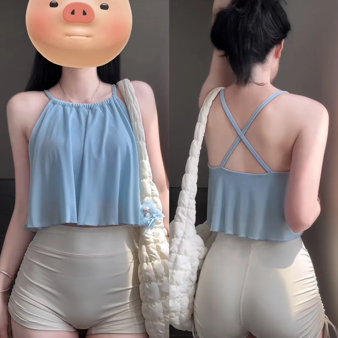 云感背心网纱小吊带瑜伽服带杯垫健身上衣普拉提文胸美背运动