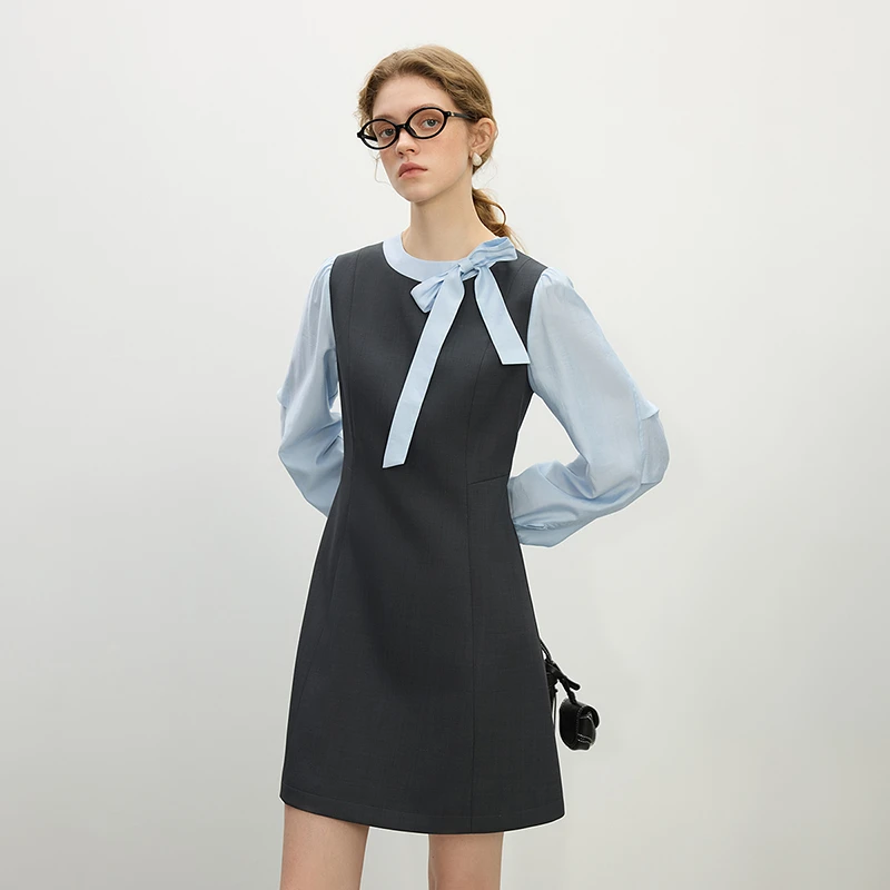 范思蓝恩撞色修身职业装假两件套裙裙子时尚制服25FS11291