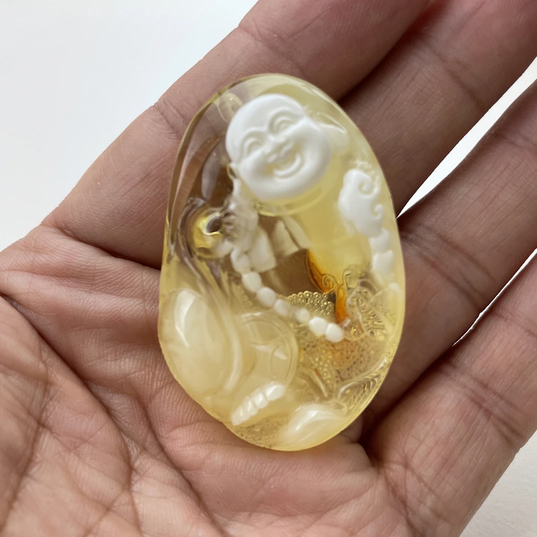 蜜蜡吊坠白蜜原石金瓷白蜜文玩蜜蜡佛弥勒佛13.2g50.3/33.3/15.6㎜