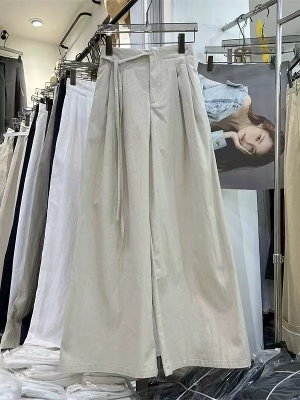 【XIAOQI】A002欧货白色棉质系带阔腿裤女2025春夏新款直筒休闲长裤