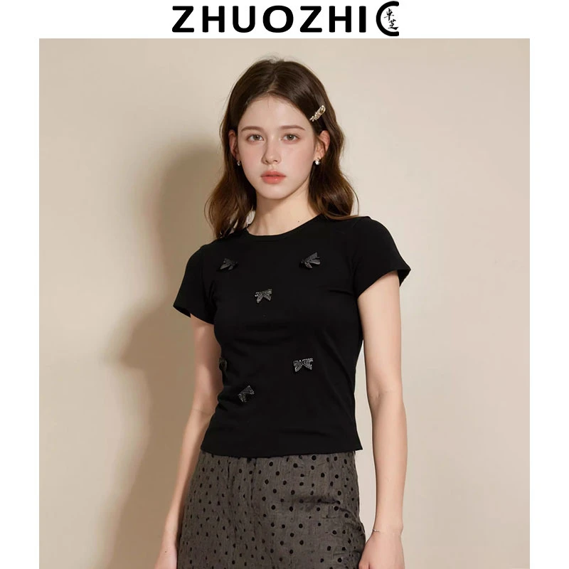[卓芝]法式设计感蝴蝶结装饰短袖T恤2025夏季新款百搭休闲上衣女