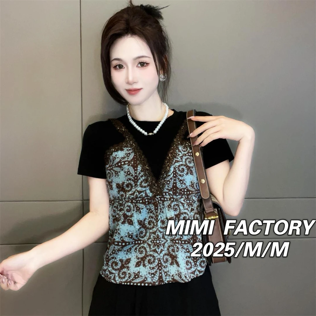 芈芈-2025夏新款 蕾丝网纱拼接假两件短袖T恤女显瘦百搭上衣5099#