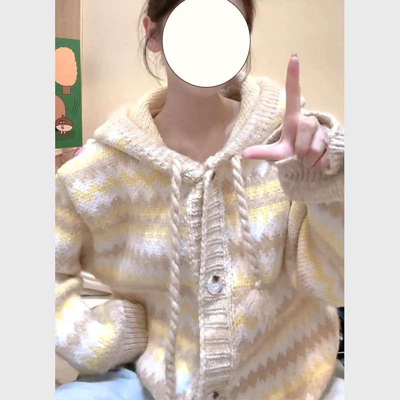 韩版复古彩虹条纹连帽毛衣外套秋冬大码胖MM显瘦小个子慵懒针织衫