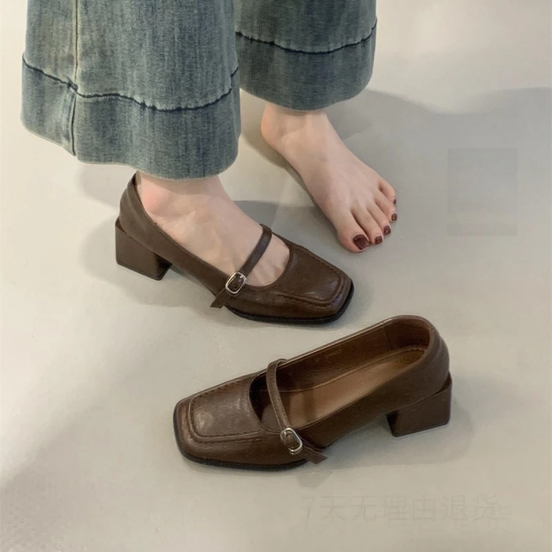 复古方头高跟鞋浅口气质晚风小皮鞋单鞋女春秋新款法式粗跟玛丽珍