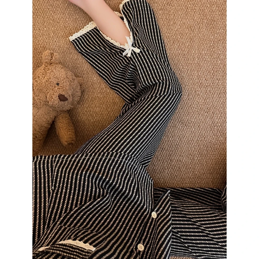 ins风条纹蕾丝边睡衣女夏季新款短袖长裤舒适亲肤套装显瘦家居服