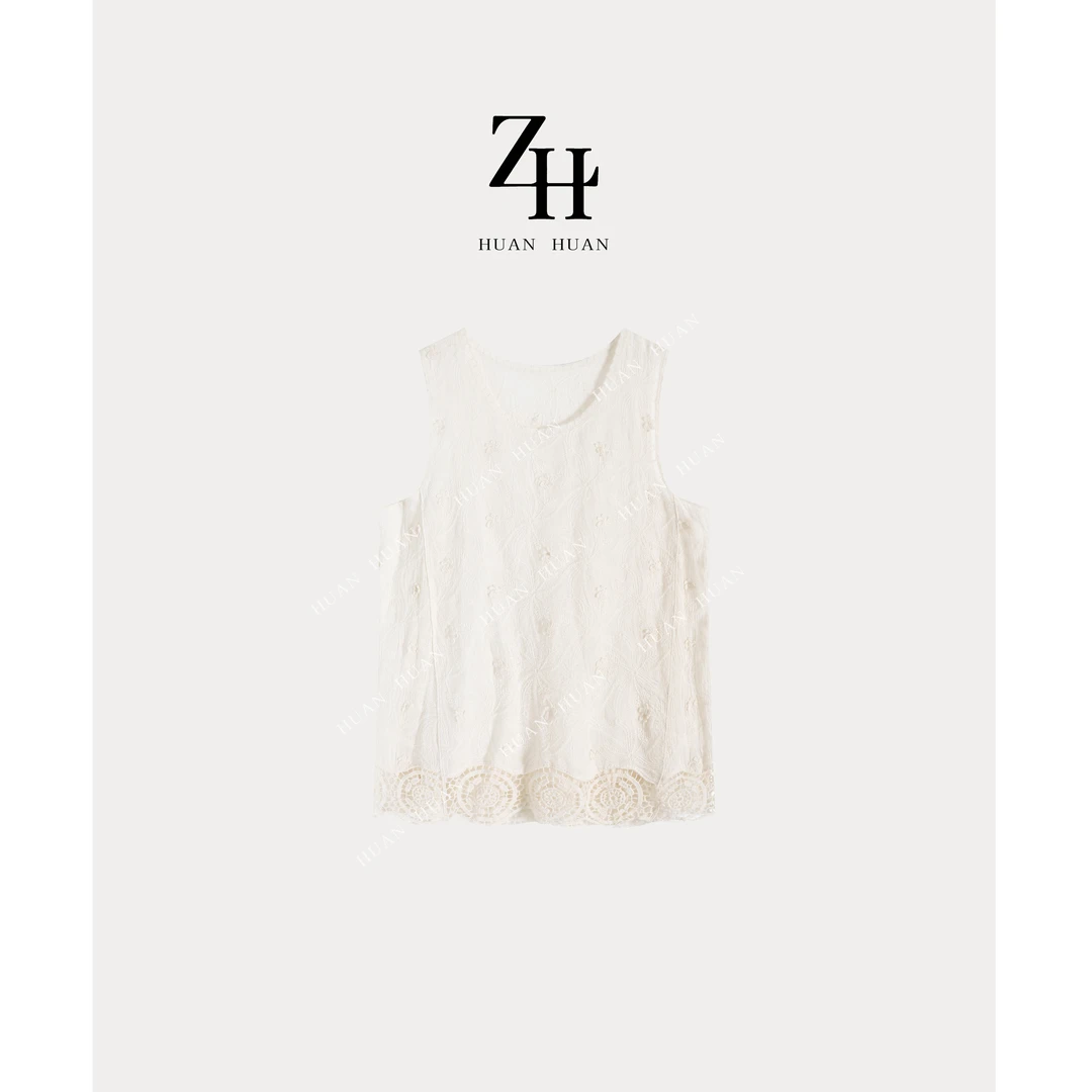 【ZH】简约拼接刺绣无袖背心上衣 1560060