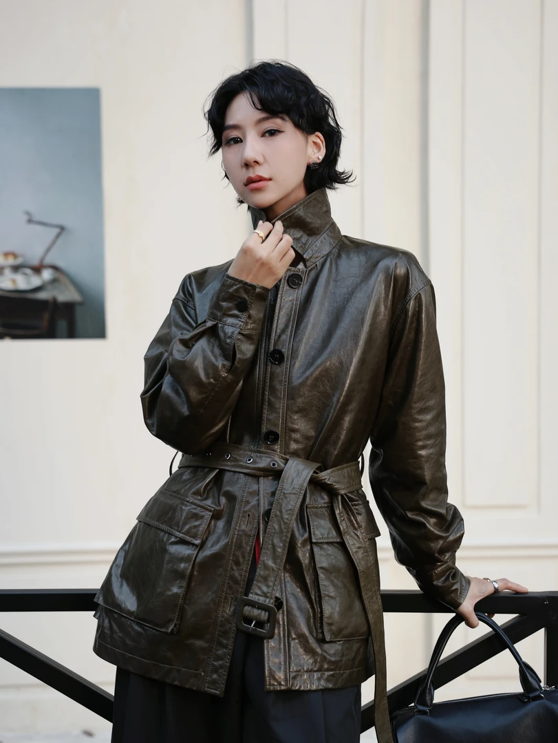 TT设计师【碧玉妆】日系高级感复古感束带油蜡绵羊皮外套TT191000