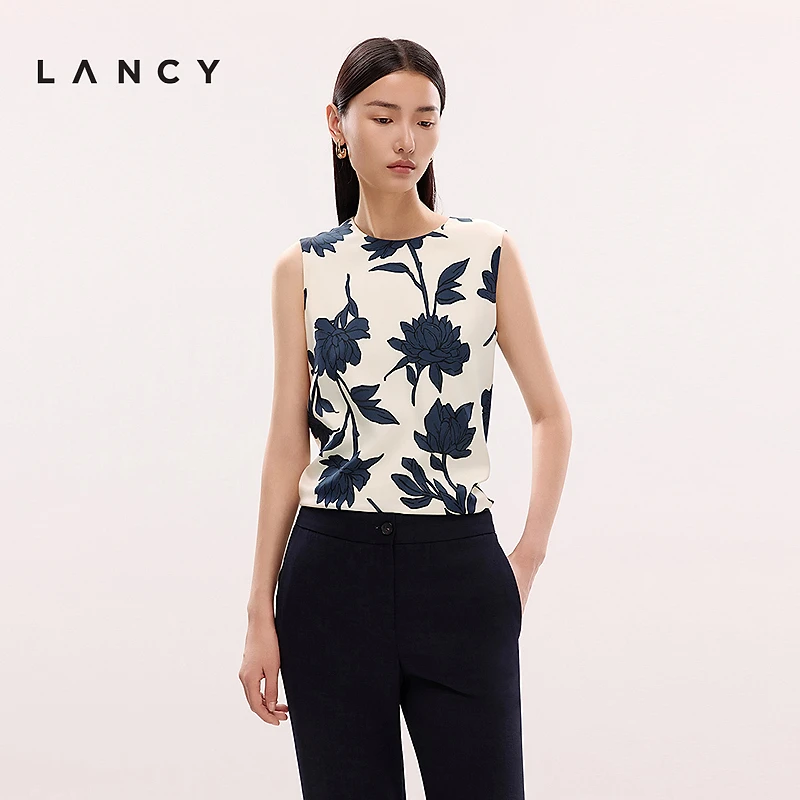 LANCY/朗姿2025春新款中国风印花无袖上衣高端轻薄中式背心通勤