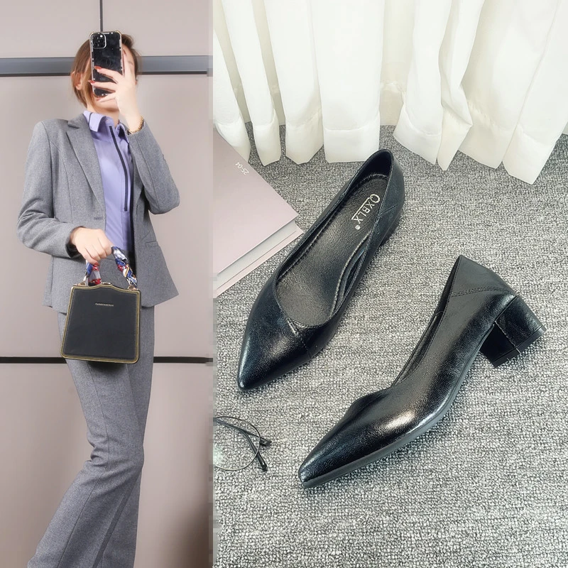 真皮空姐单鞋女尖头职业新款软底舒适上班久站不累脚黑色工作鞋女