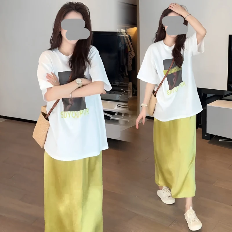 夏季穿搭一整套大码胖mm短袖T恤半身裙温柔减龄多巴胺气质套装