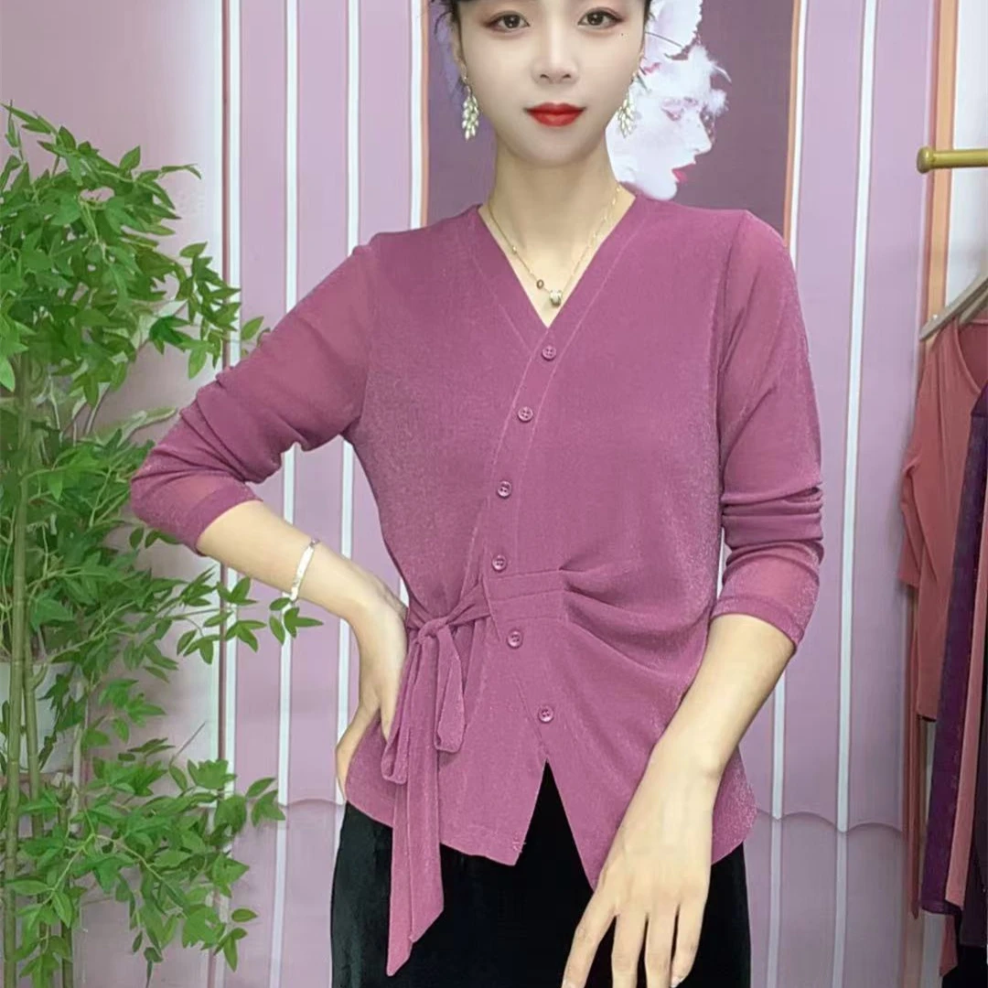 有弹力常规款绑带V领系带长袖T恤秋季气质夏季春季