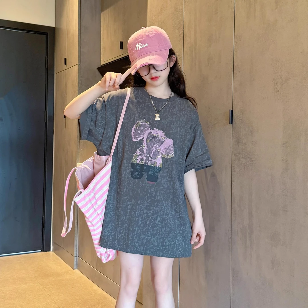 女童夏装短袖T恤2025新款中大童宽松休闲中长款t恤裙女孩洋气半袖