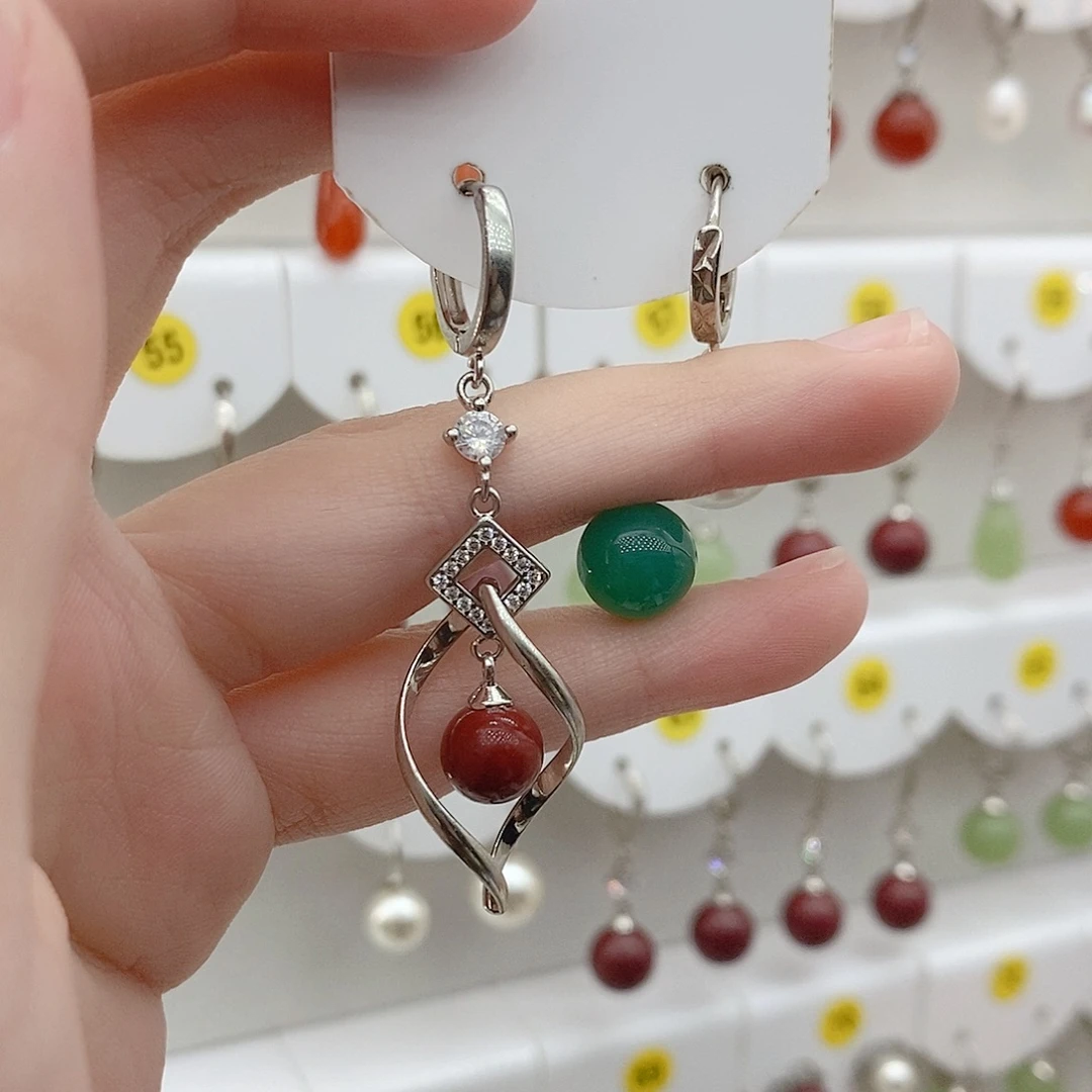 925银深绿色耳钩的