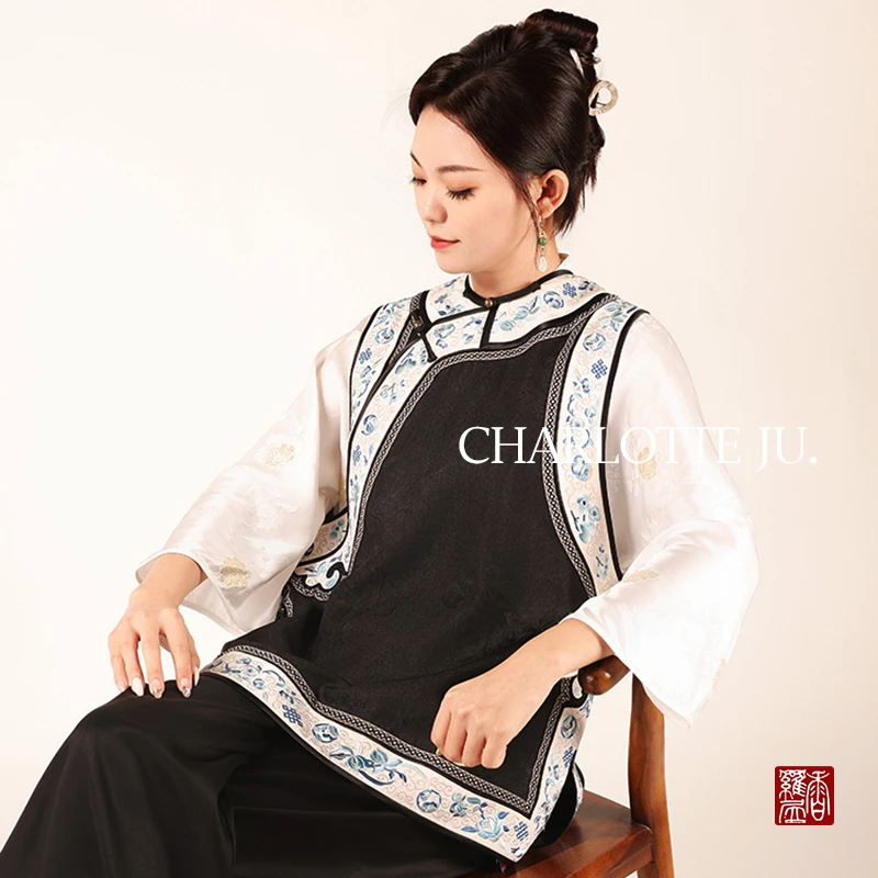 【采柏】香云纱桑蚕丝复古时尚无袖圆领重工提花国风中式传统女马甲