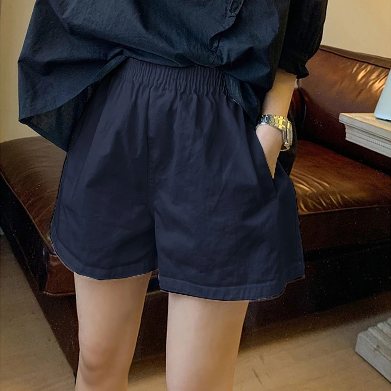 夏季高腰休闲2025松紧腰纯色短裤女新款百搭a字显瘦宽松阔腿棉裤
