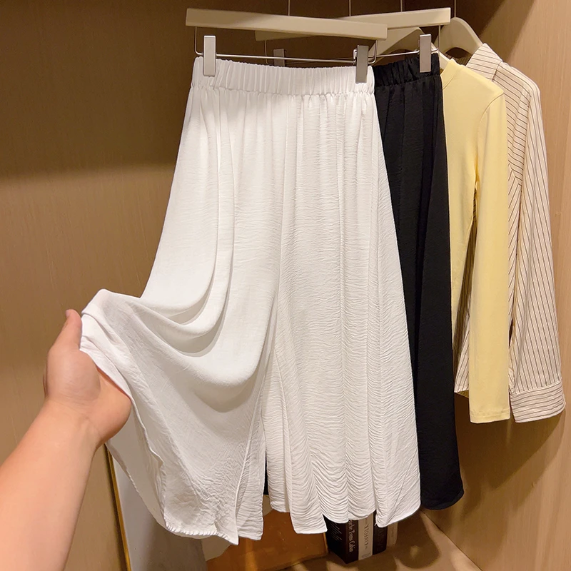 韩版白色冰丝雪纺裙裤女夏季薄款高腰宽松显瘦垂感休闲九分阔腿裤