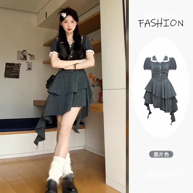 茶歇法式不规则格子连衣裙女夏季2025甜辣公主蛋糕短裙子1893