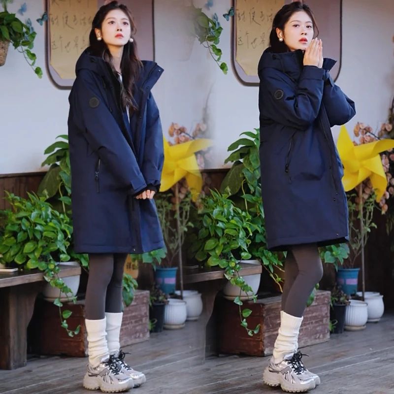 时尚中长款羽绒服女冬季新款户外加厚保暖连帽工装派克休闲外套潮