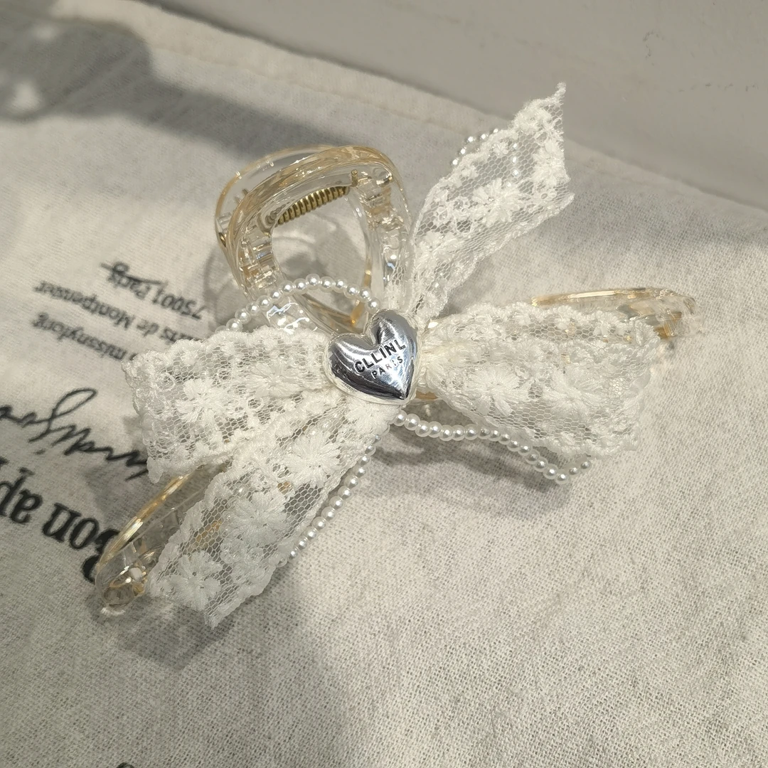 F750白色蕾丝蝴蝶结编织花朵大抓夹