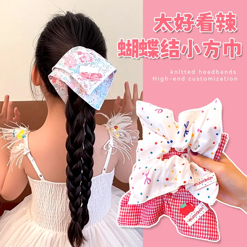 【萌妹子】儿童刺绣方巾大肠发圈女童高级感扎发马尾头绳小女孩发饰