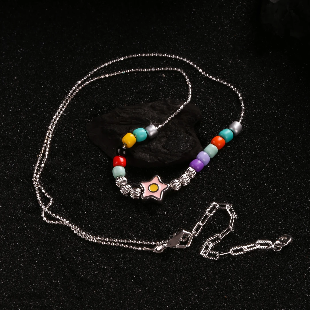 链子925银 N18070 双面五角星星彩色豆豆链条项链