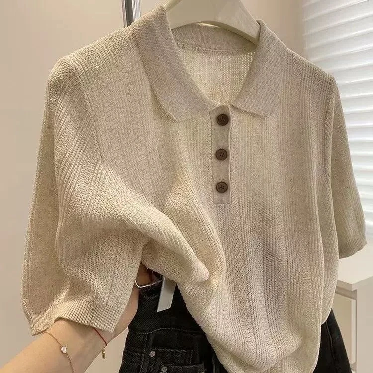 亚麻短袖夏季毛针织衫包袖镂空气质宽松拼接街头风针织衫SW-2532