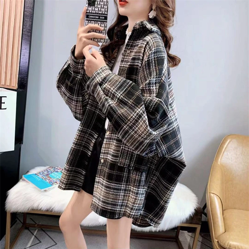 磨毛加厚中长款格子衬衫女春秋毛呢长袖宽松大码复古港味上衣外套