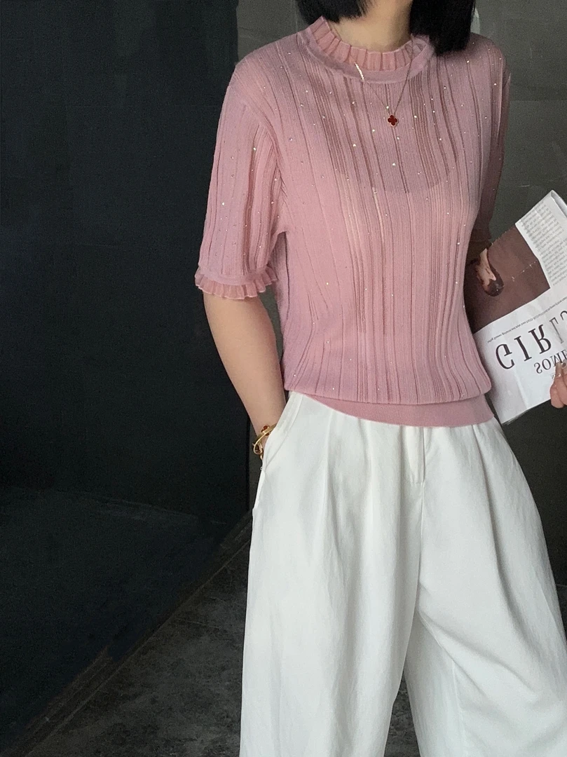 2025款烫钻薄款夏季圆领短袖莱赛尔天丝毛针织衫洋气休闲