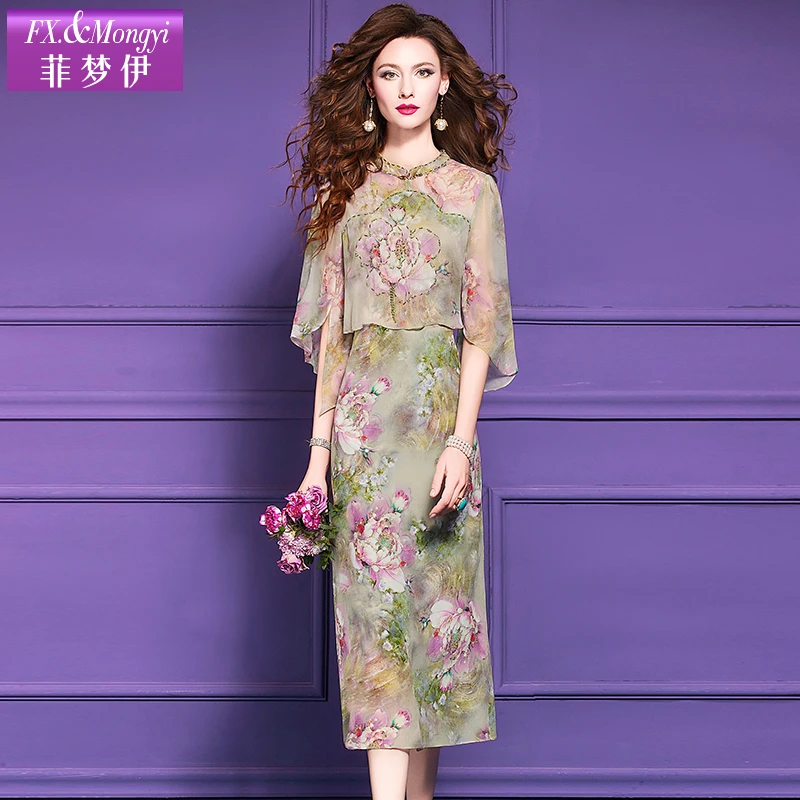 菲梦伊夏季新款复古中国风印花重工钉珠100桑蚕丝时尚连衣裙64002
