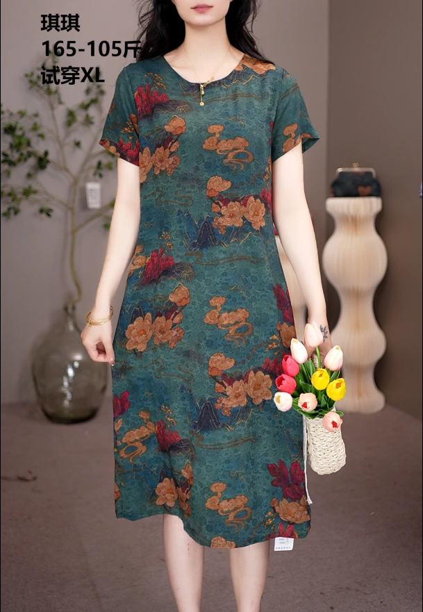 2073 【墨绿山水画】圆领直筒遮肚子连衣裙