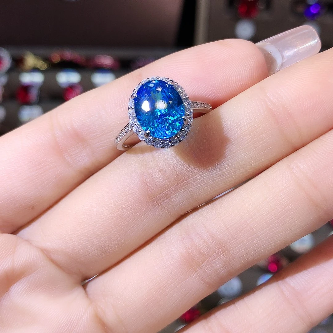 银S925镶嵌戒圈海蓝宝石白鸟巢切810