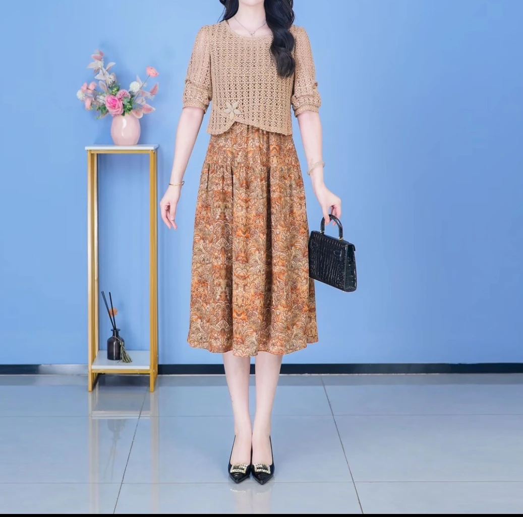现货秒发---休闲风极简风时尚套装碎花宽松短袖中长款长裙修身
